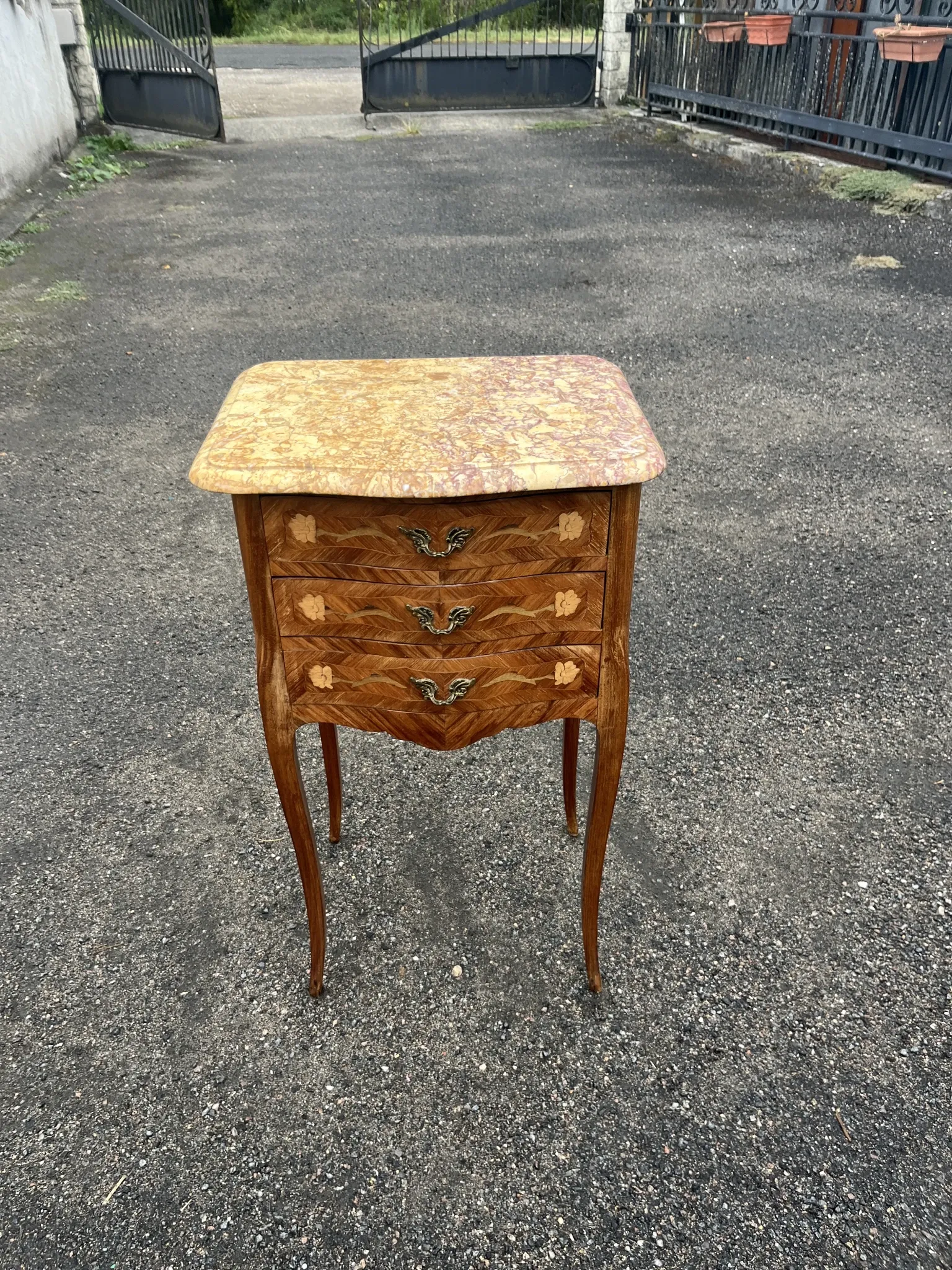 Antique marquetry bedside table – Marble top – Louis XV style