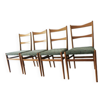 Set of 4 Danish dining chairs with turquoise chenille and metal thread covers