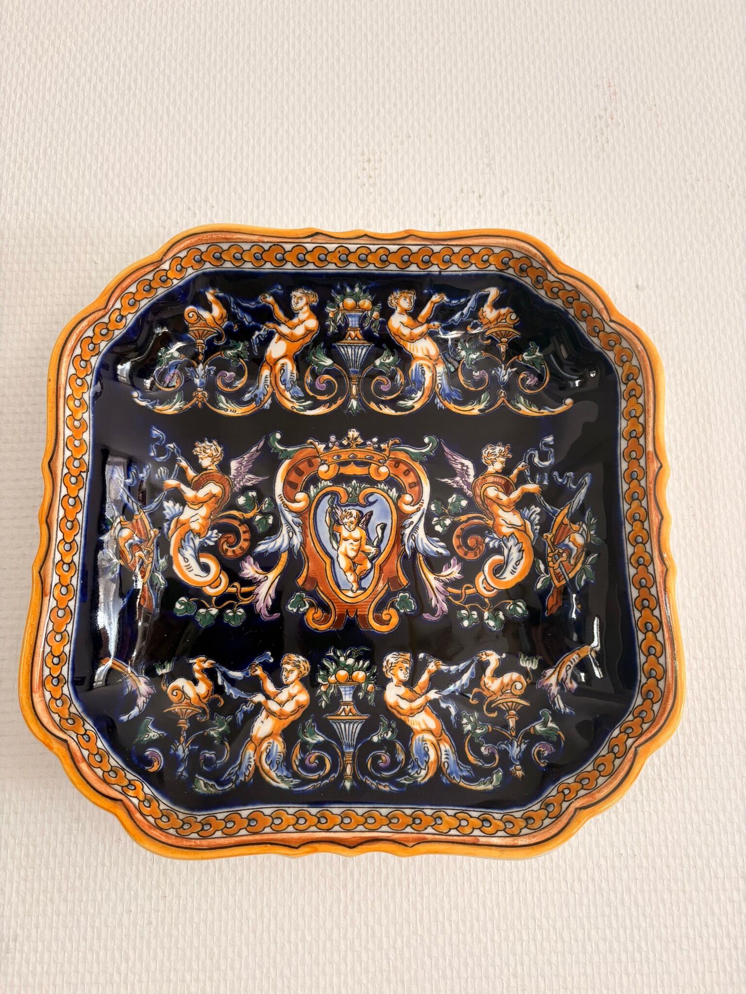 Old Plate Serving Salad Bowl Earthenware Gien Renaissance Angelot Model Made