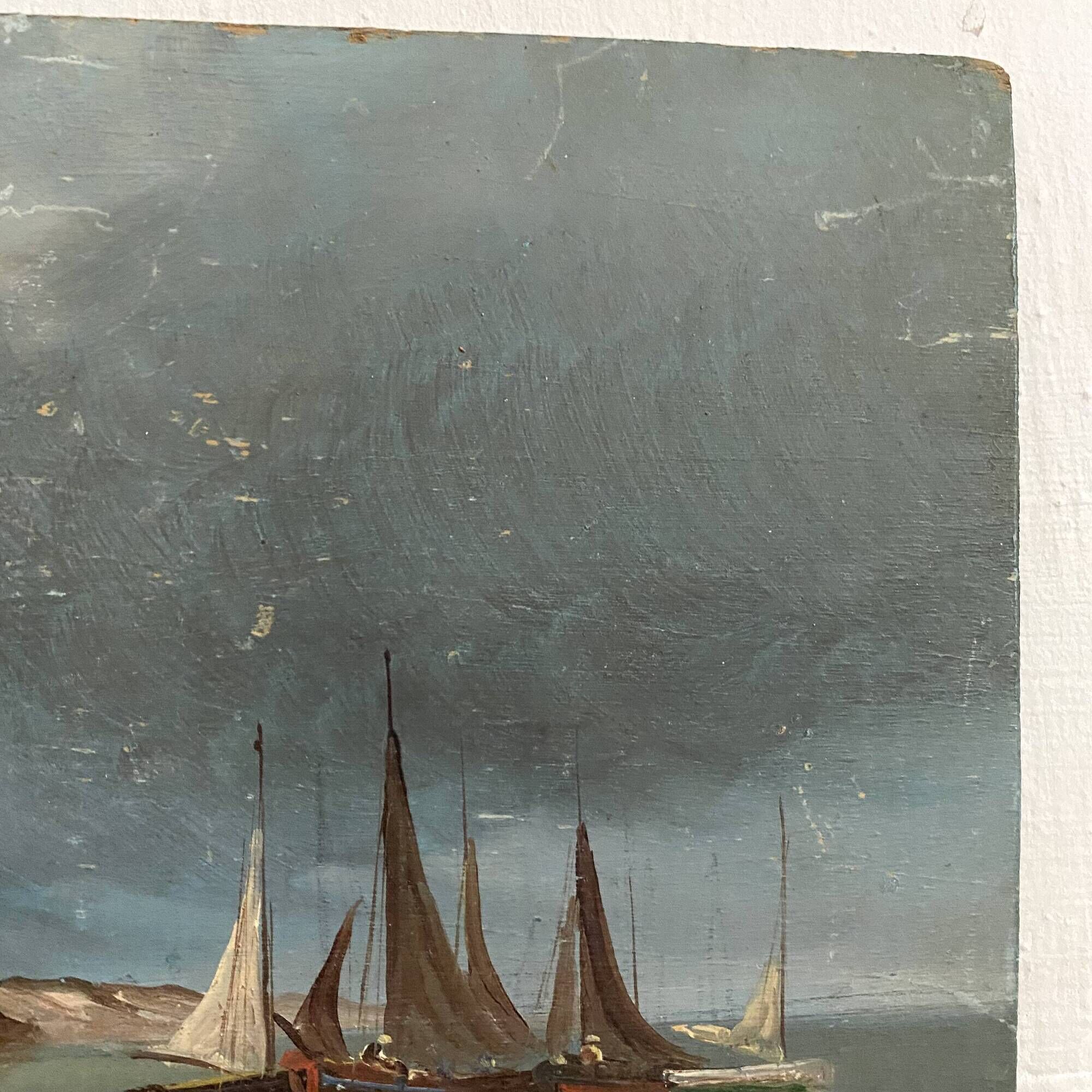 Old painting on wood sea le pouliguen 20x40 cm