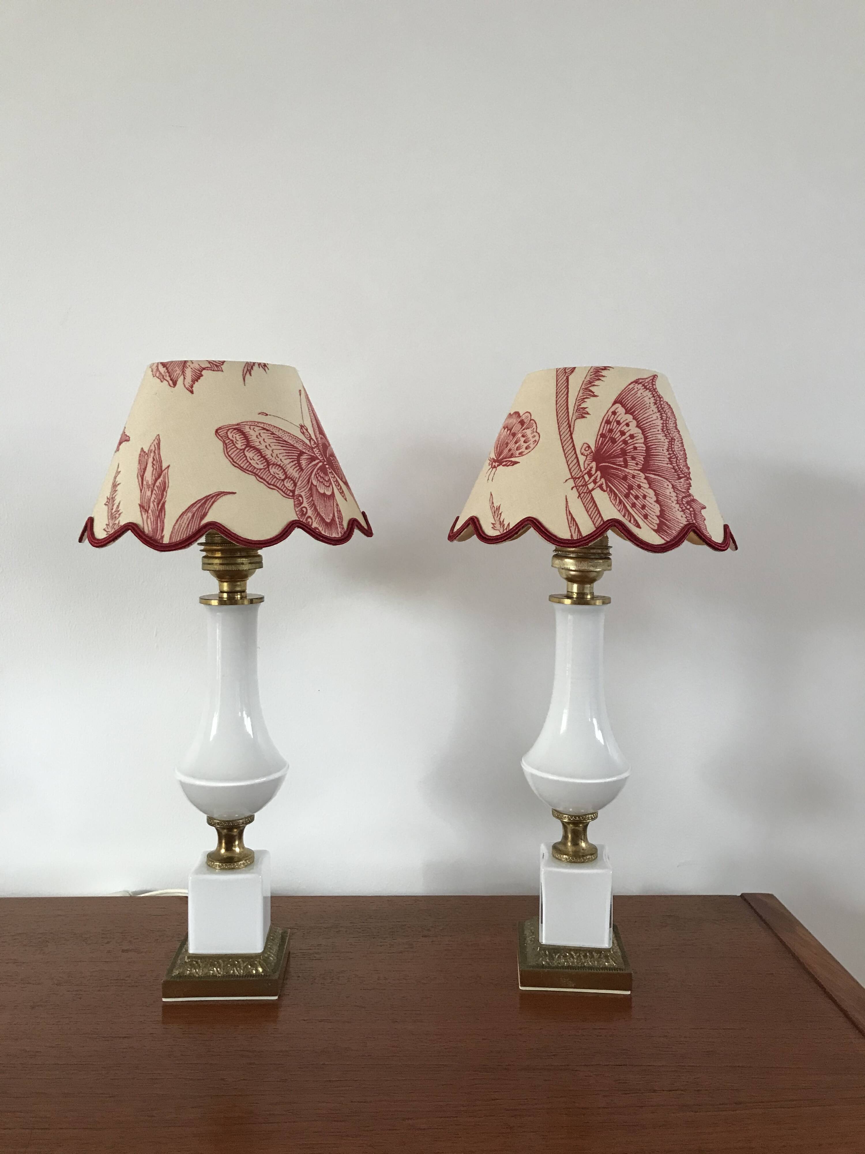 Pair of bedside lamps in opaline and brass toile de jouy lampshades 1950