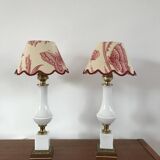 Pair of bedside lamps in opaline and brass toile de jouy lampshades 1950