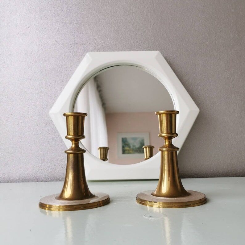 Set of 2 brass candle holders with mother-of-pearl, 1970s