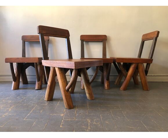 4 brutalist solid oak chairs
