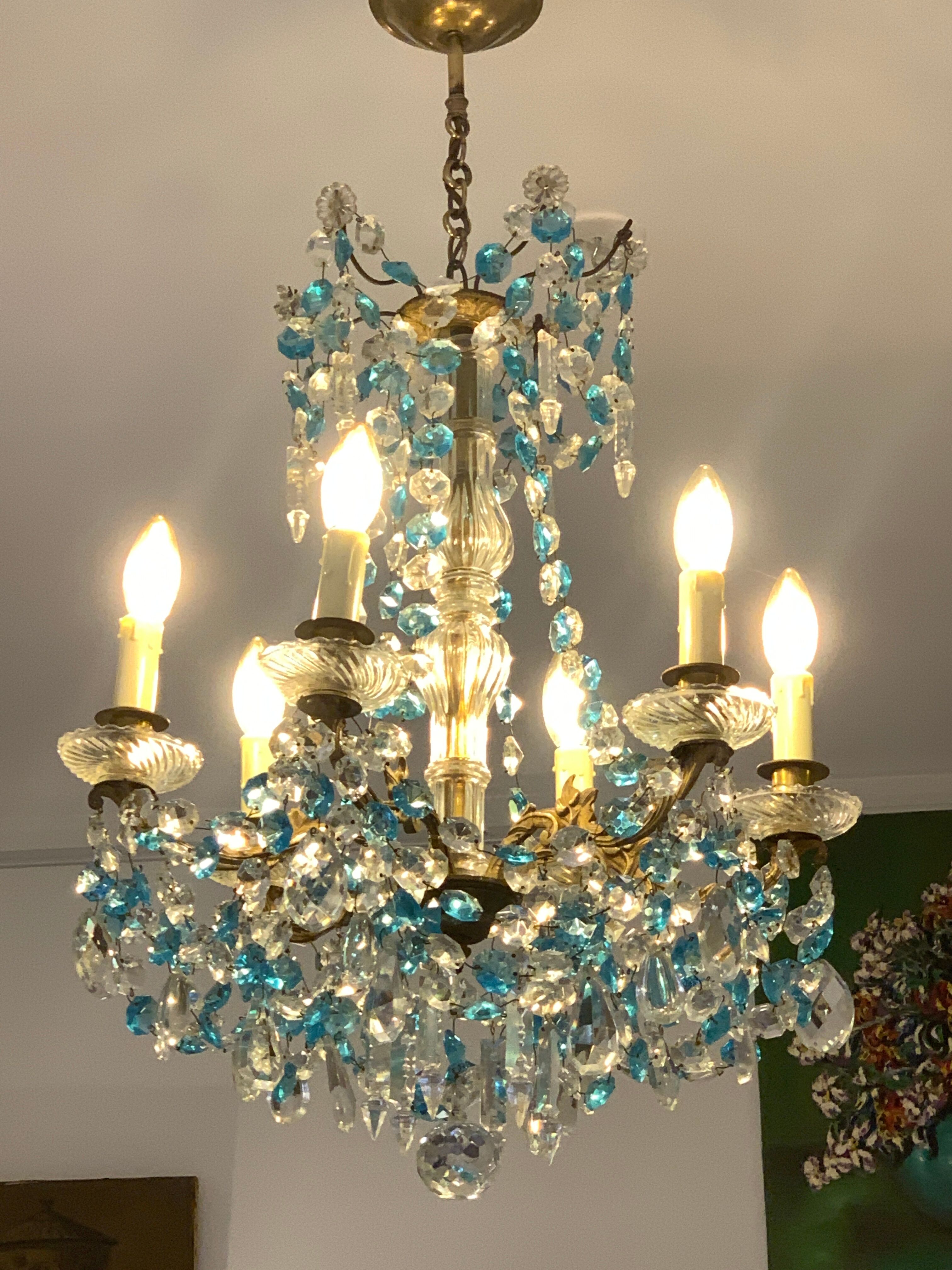 Chandelier with blue crystal pimples, 6 lights, Baccarat, 1950, art nouveau style