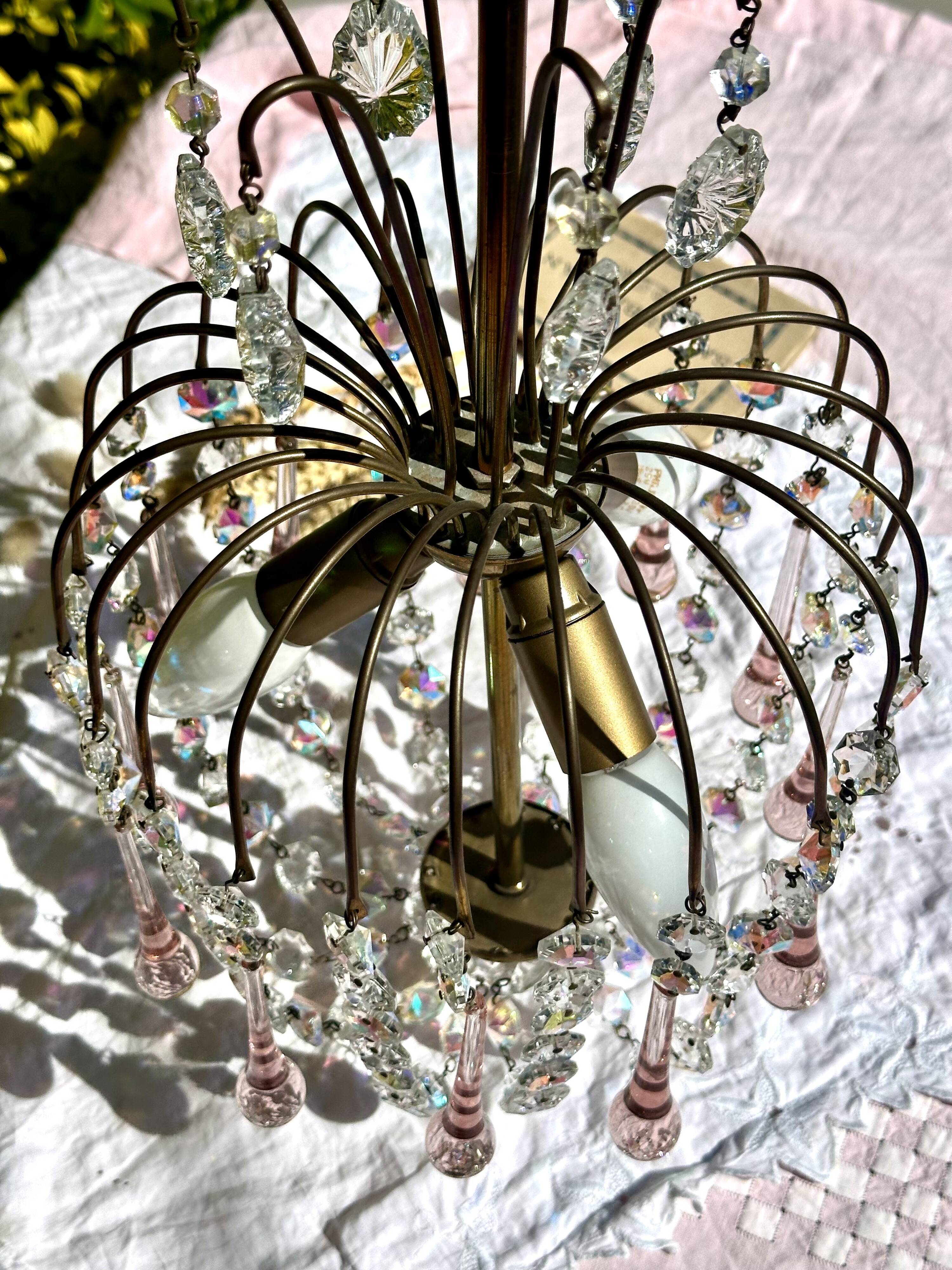 Magnificent Cascade Chandelier in Brass & Crystal Glass 1970s Vintage