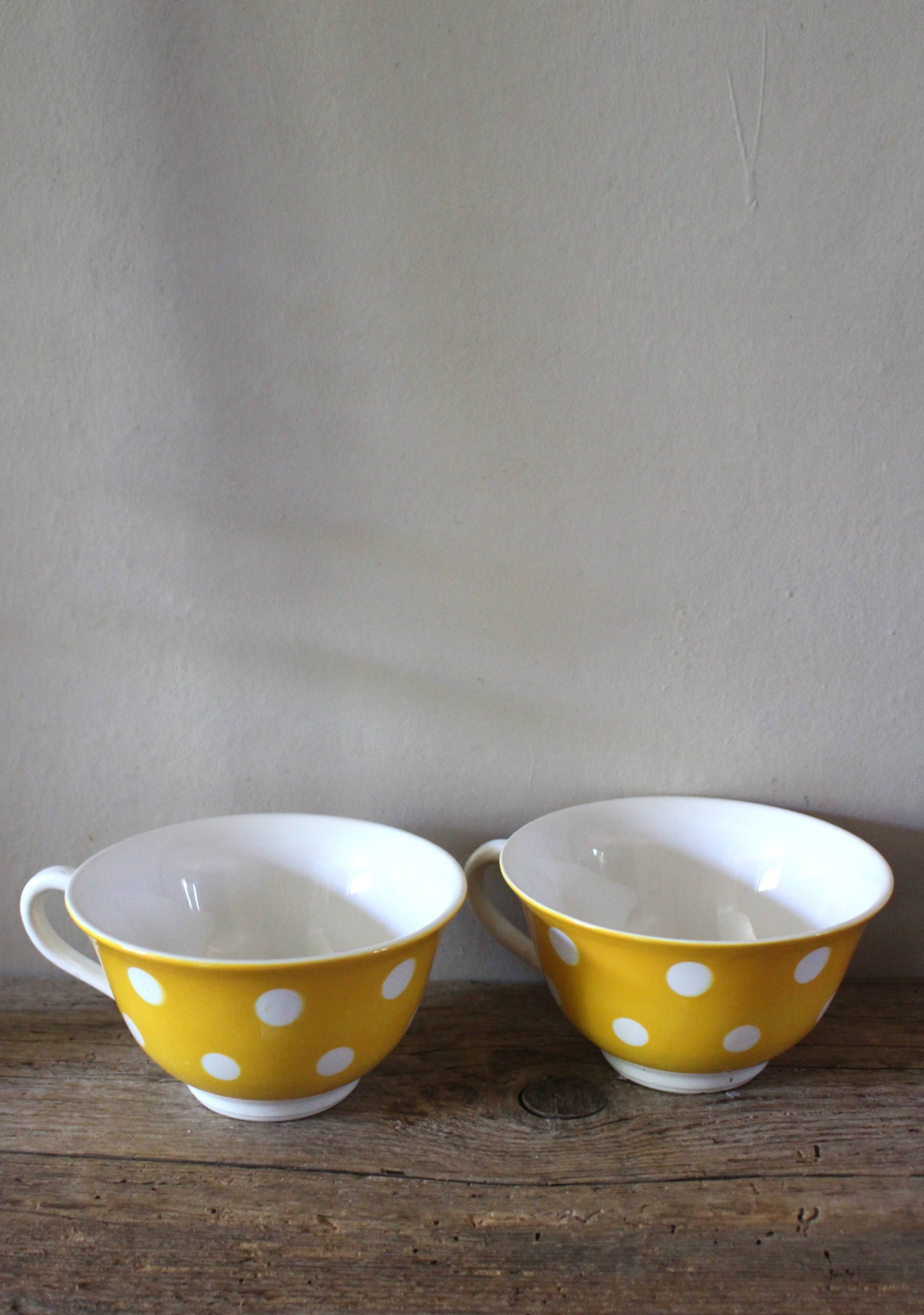 Two Large Yellow Polka Dot Cups Sarreguemines Vintage