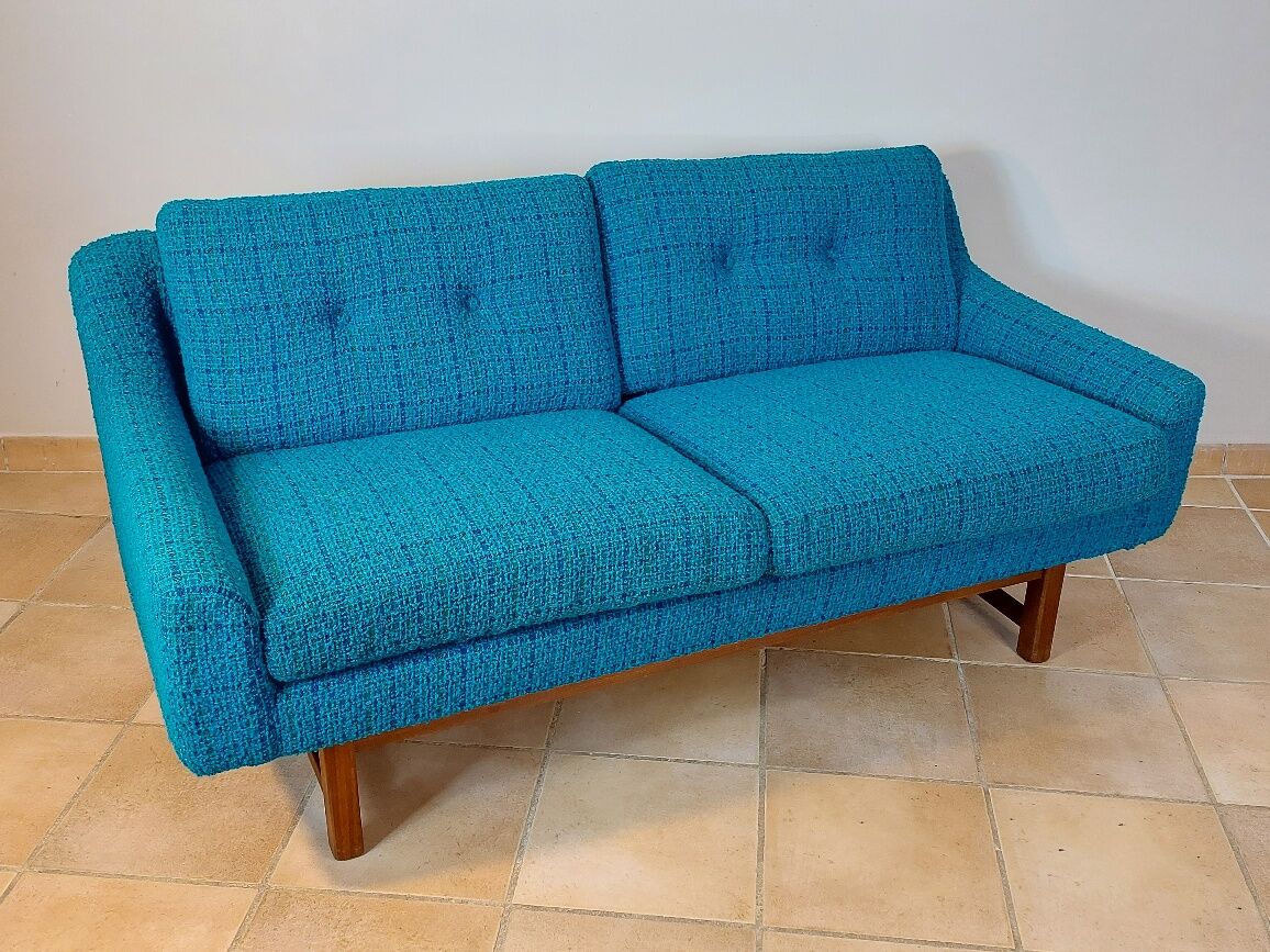 Norwegian living room set in blue fabric, vintage scandinavian 1960s