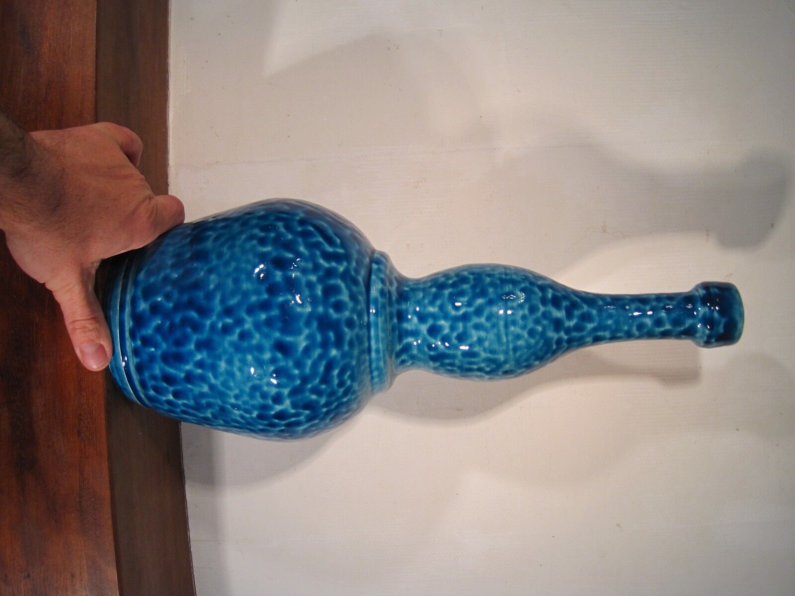 Vase signed blue modernist ceramic bottle bouhey 1973