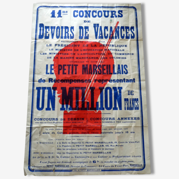 Grande affiche ancienne / Vintage Concours de devoirs de vacances "Le petit Marseillais" années 60 en couleurs Magic'Puce