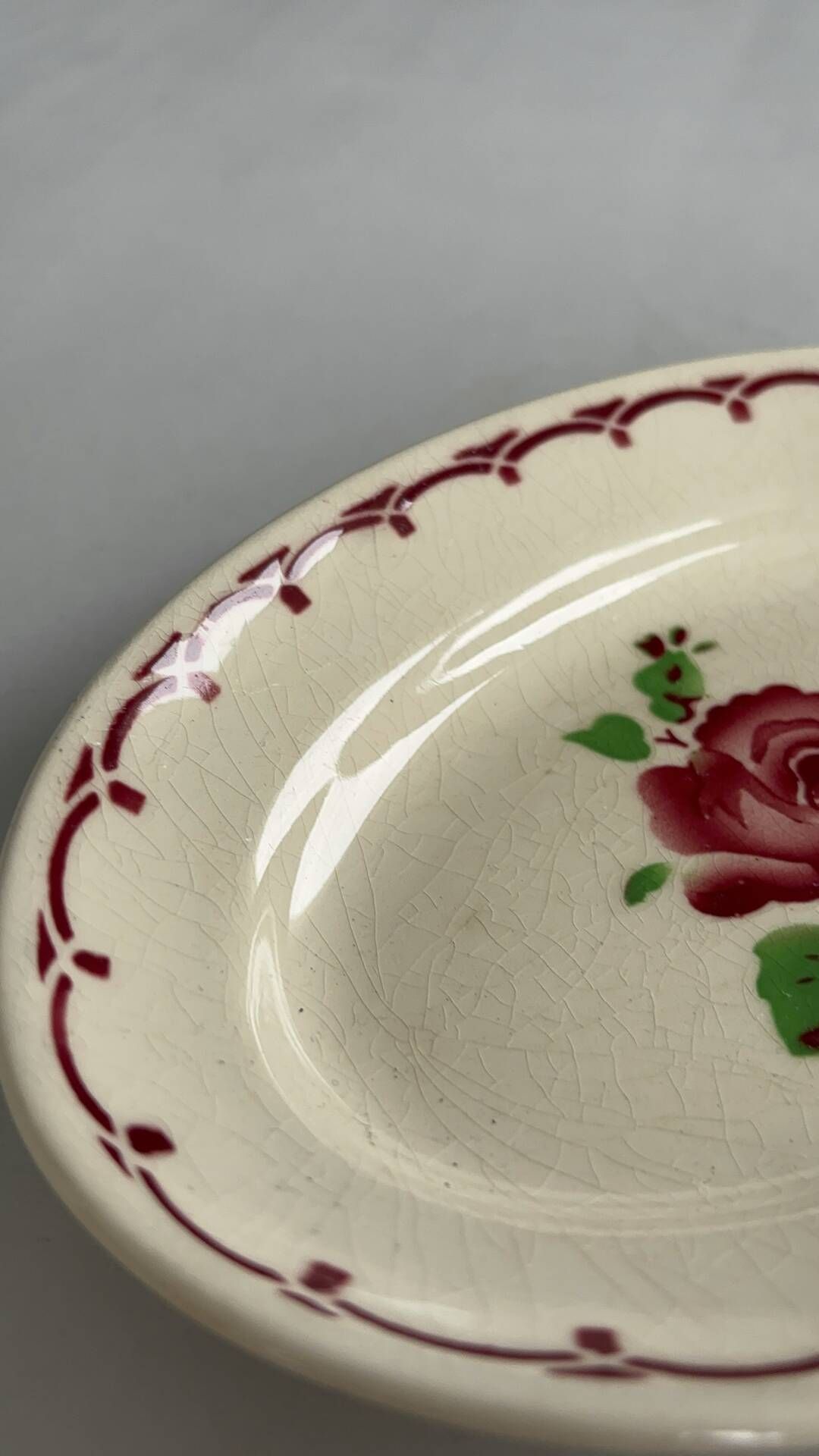 Oval Ravier Badonviller in vintage earthenware, vintage pink red dish.