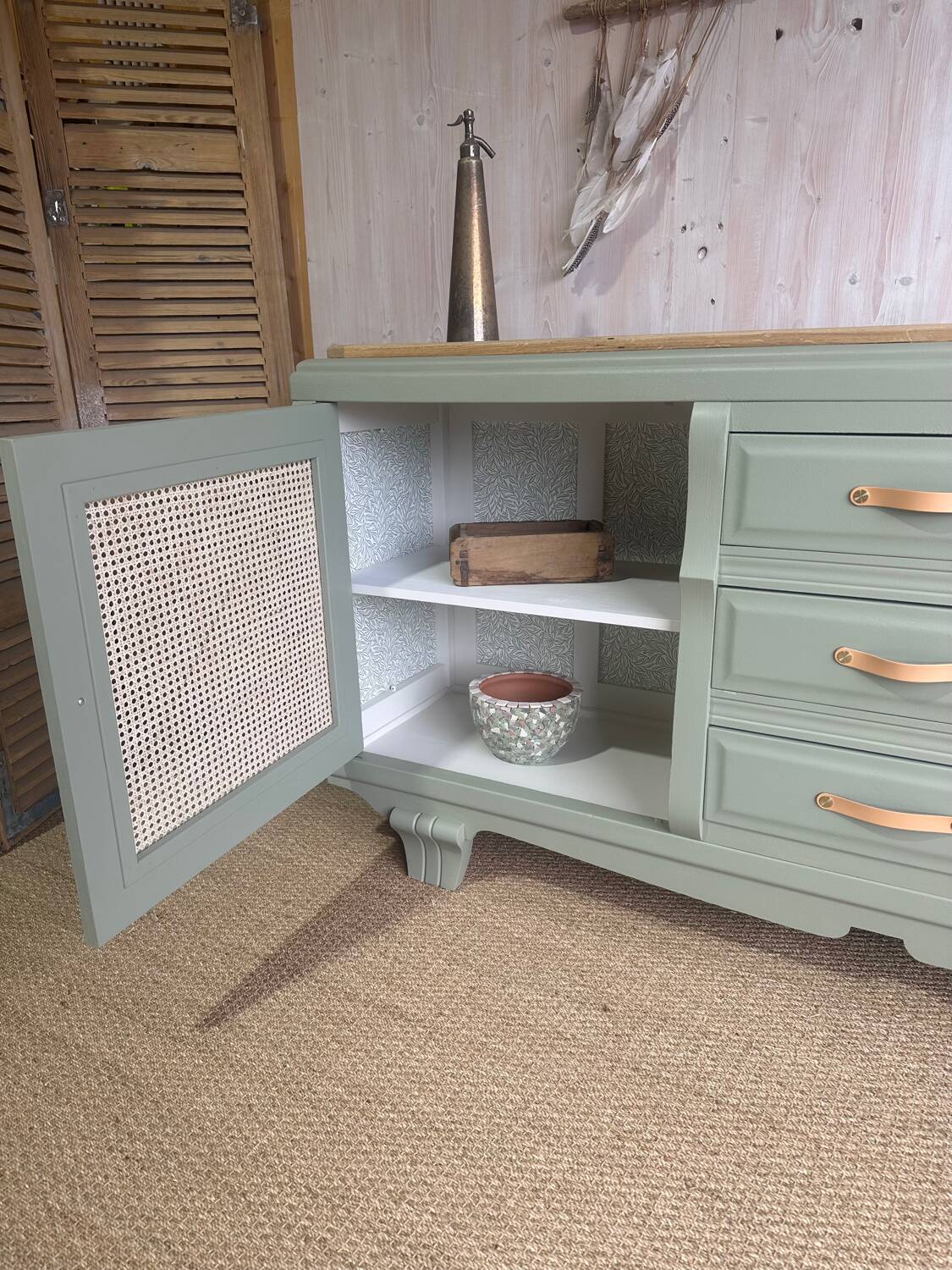 Renovated antique sideboard - blue-green, cane work and oak top