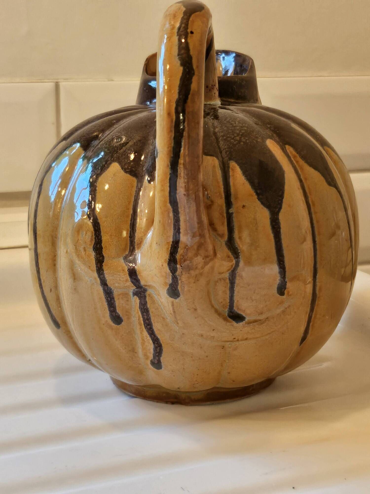 Vintage glazed terracotta pumpkin jug, 1930s