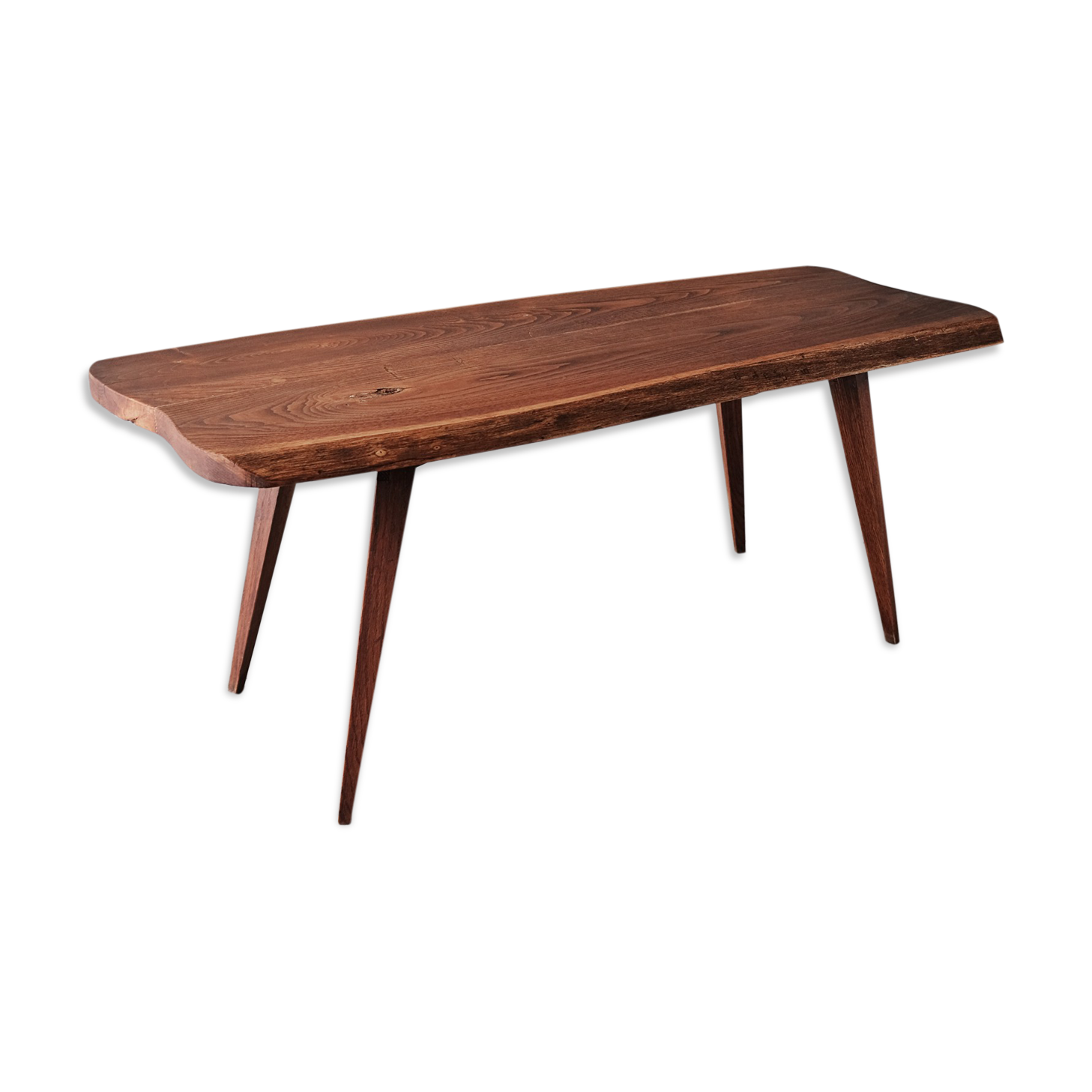 Table basse en bois brut forme libre et pieds compas années 50 60