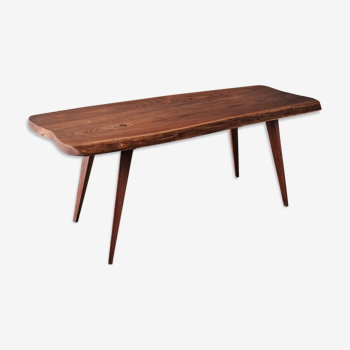 Table basse en bois brut forme libre et pieds compas années 50 60