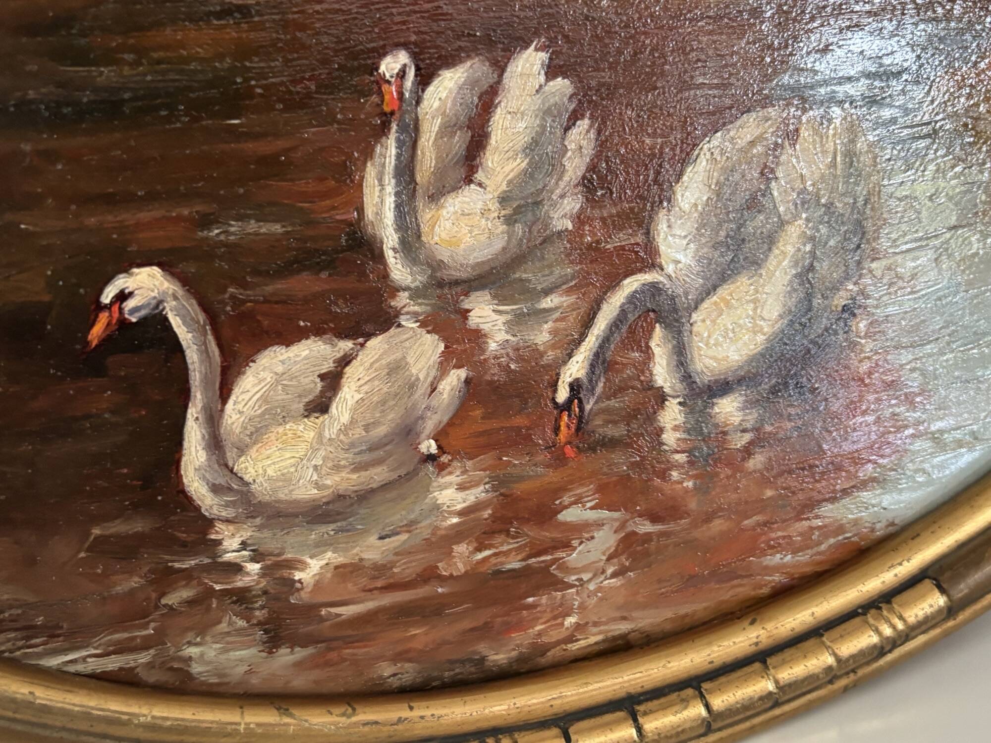 Tableau ancien les cygnes par vers 1920 par R Lutter
