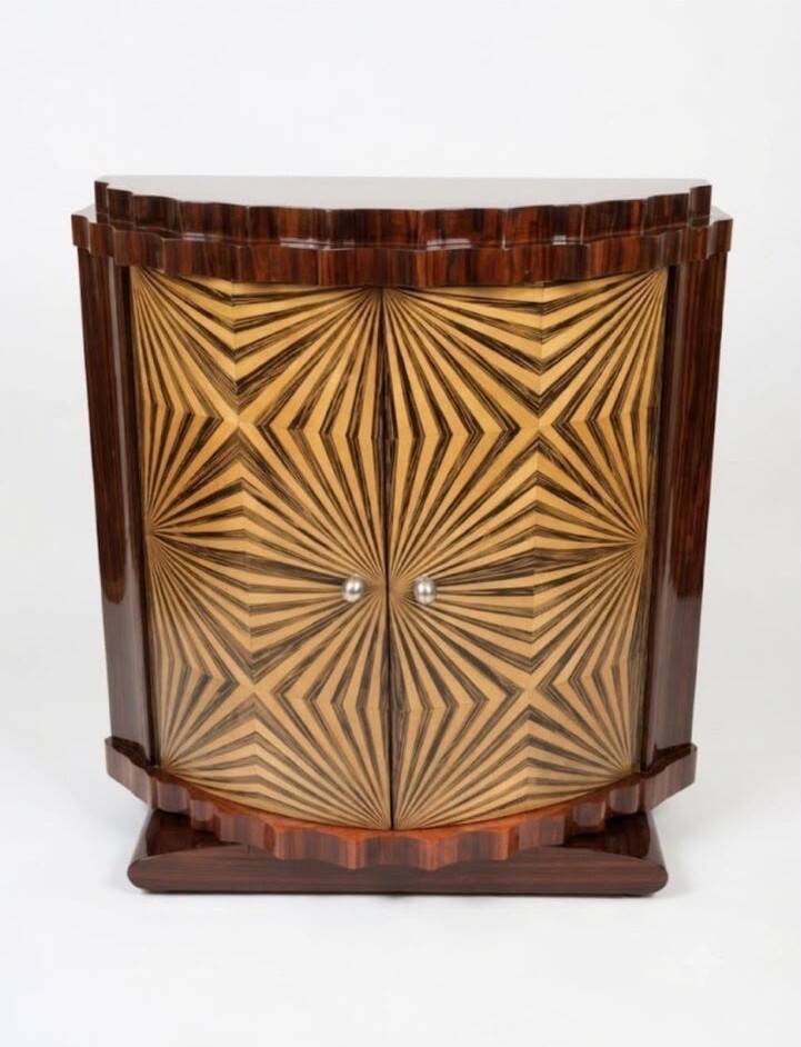 Very Art Deco two-door cabinet, geometric patterns in rosewood.
