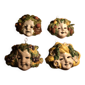 Serie de 4 masques bacchus quatre saisons italie ceramique