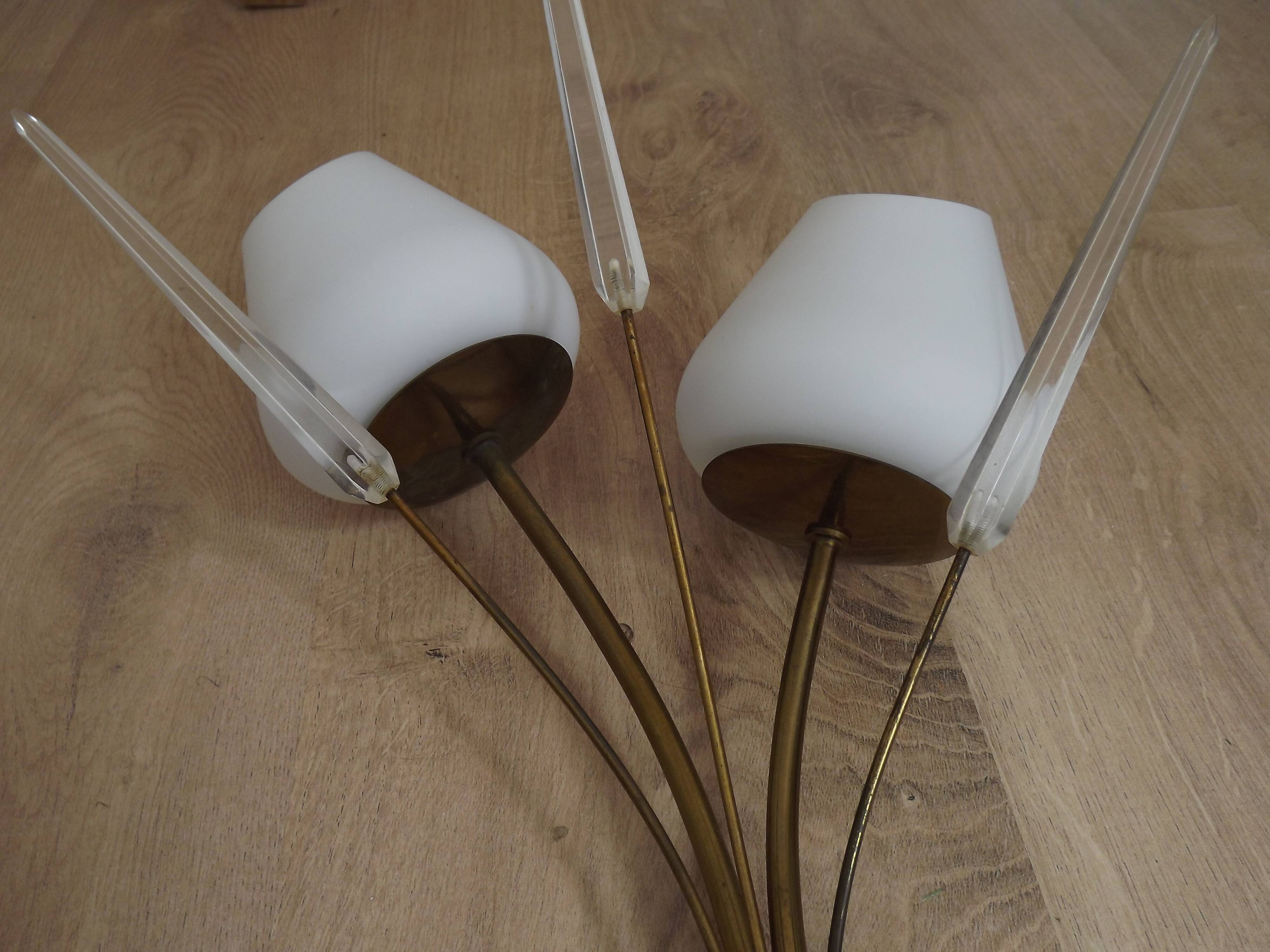 Mid-Century French Brass Sconces • Bullrush Design • Opaque Glass Shades