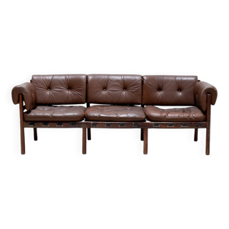 Canapé trois places en palissandre et cuir brun par Sven Ellekaer pour Coja, style scandinave, 75x180x70 cm