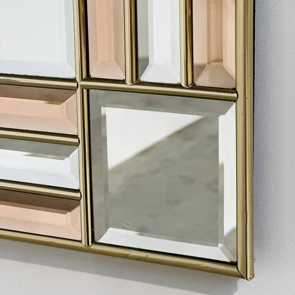 Art Deco style peach & clear bevelled mirror with brass frame, 1980s