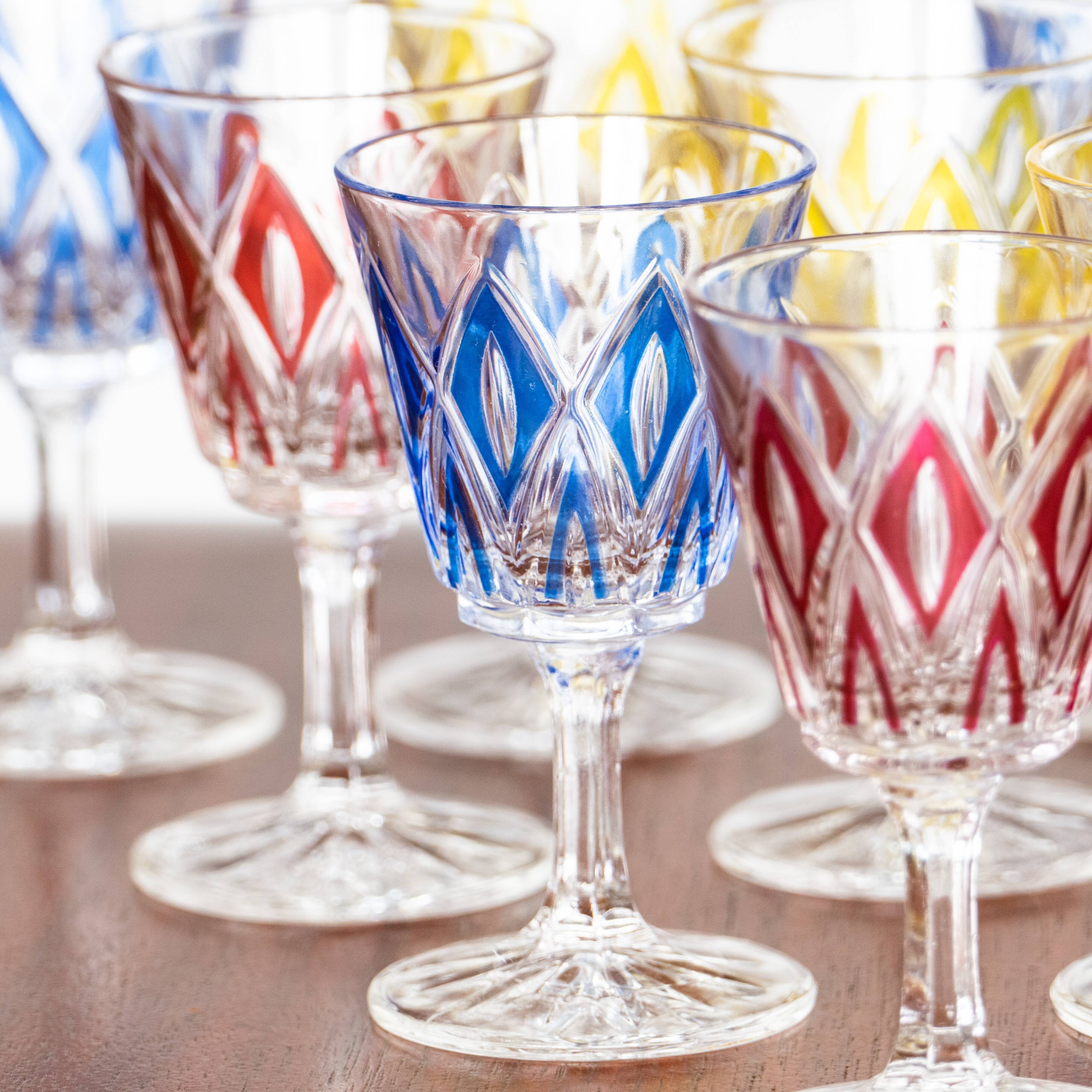 10 glasses with digestive Harlequin glassware of Reims multicolored