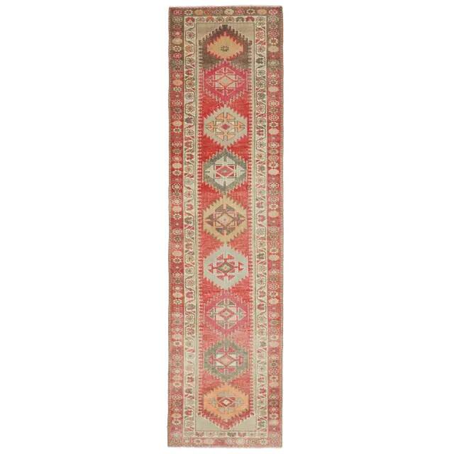 1970s vintage Turkish hand-knotted wool cotton red runner rug 110x361