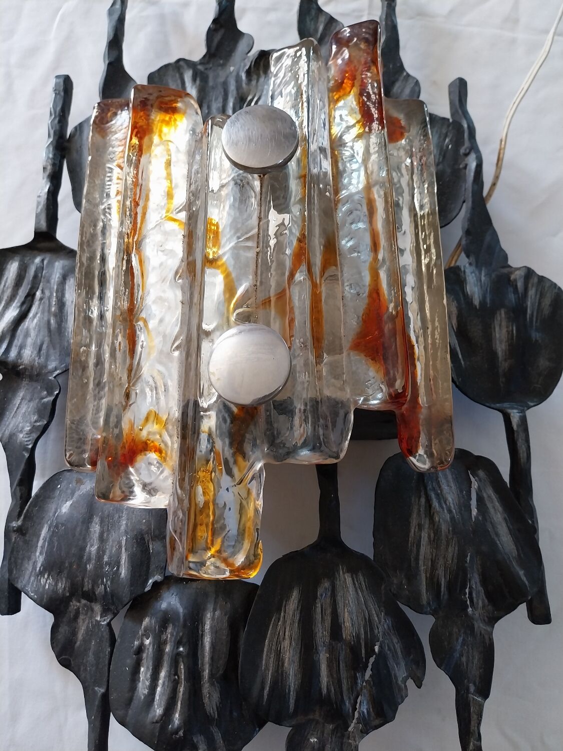 Brutalist glass and iron wall lamp from the 60s
