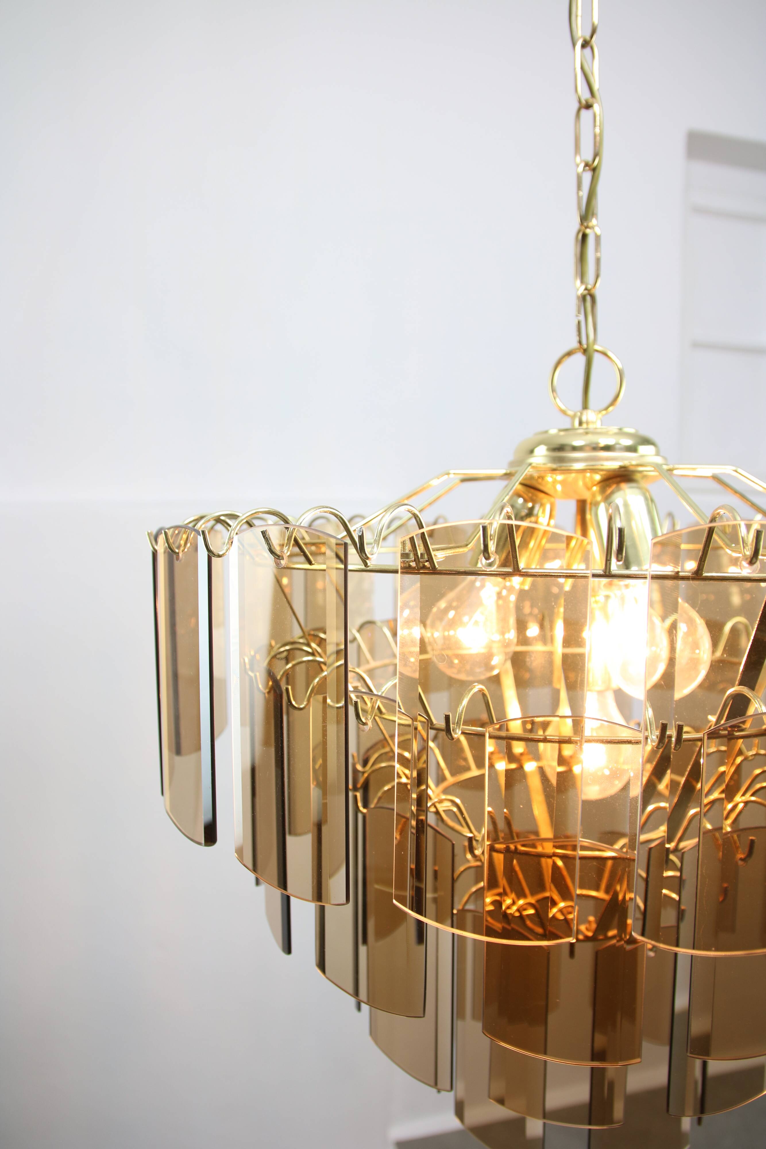 Vintage Veca Chandelier: Italian 1970s Smoked Glass & Brass Pendant Lamp