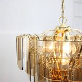 Vintage Veca Chandelier: Italian 1970s Smoked Glass & Brass Pendant Lamp