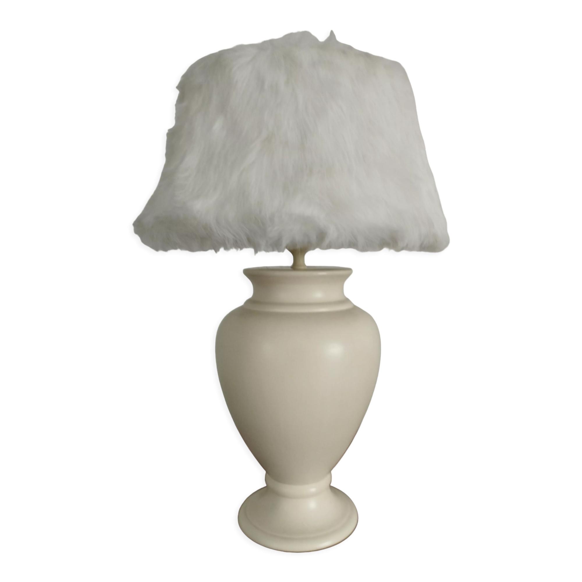 70s satin ceramic lamp and fur shade