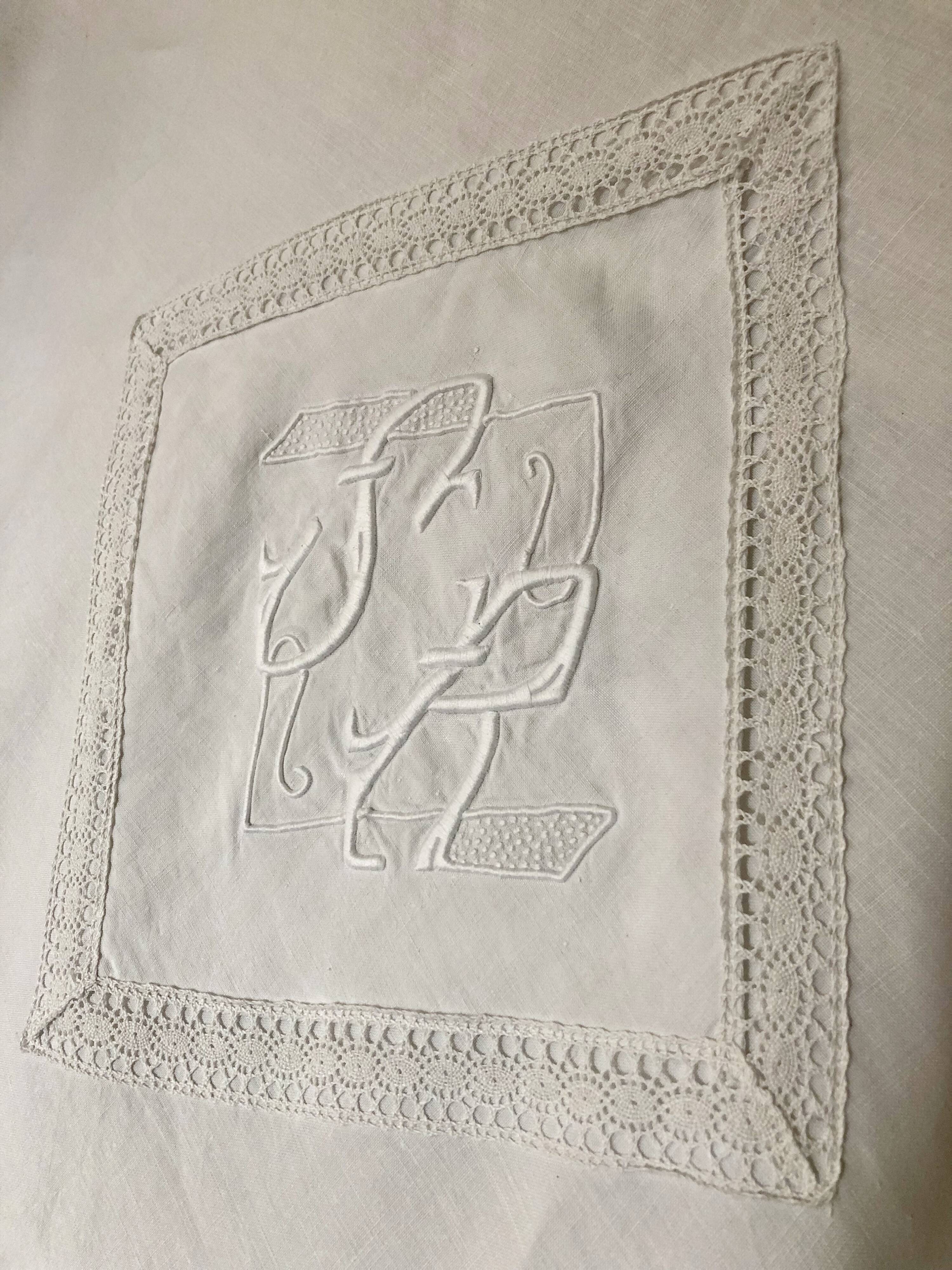 Antique linen, tablecloth, central monogram SR
