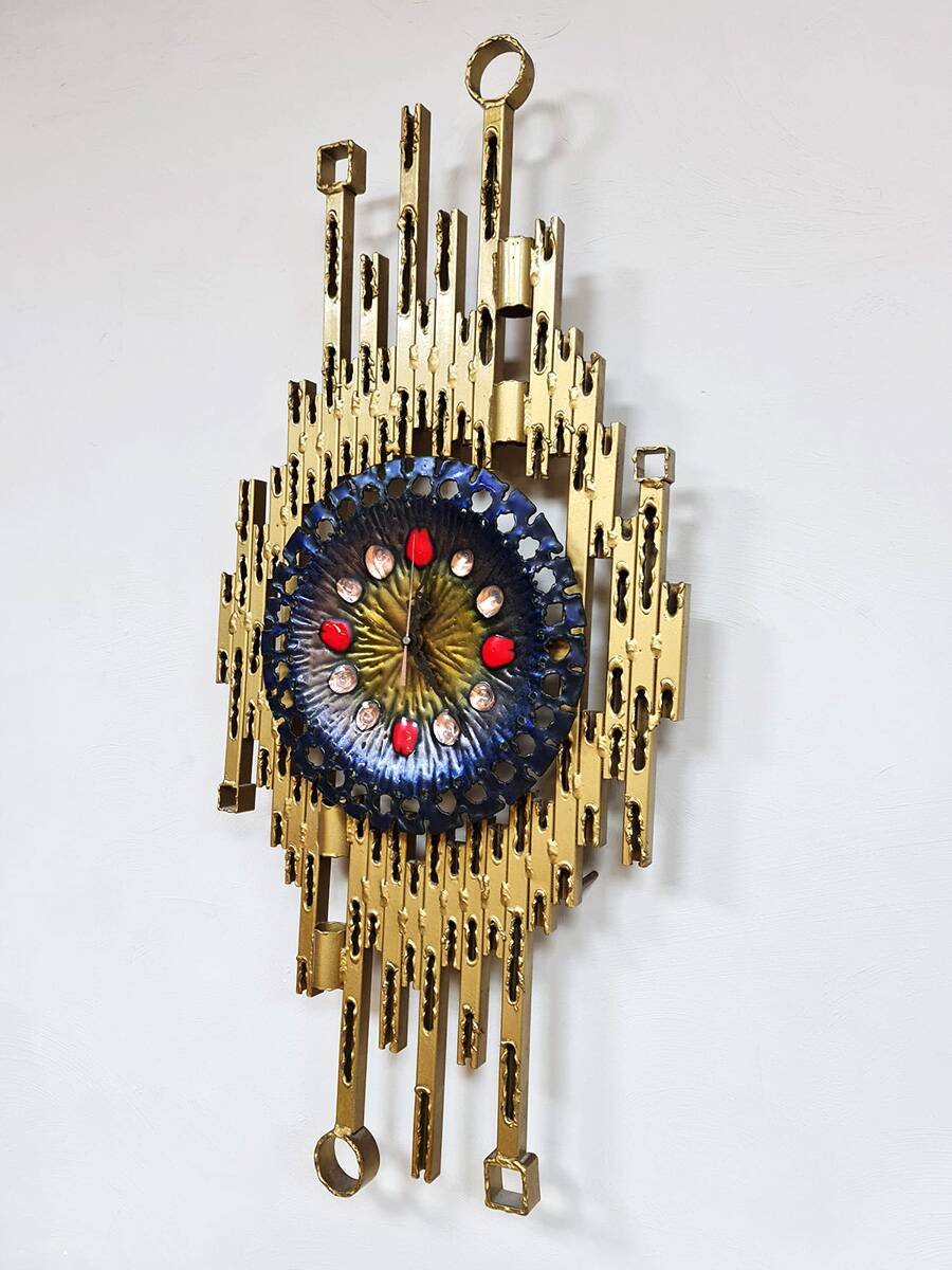 Midcentury Brutalist clock wall sculpture Franco Bastianelli studio Laurane