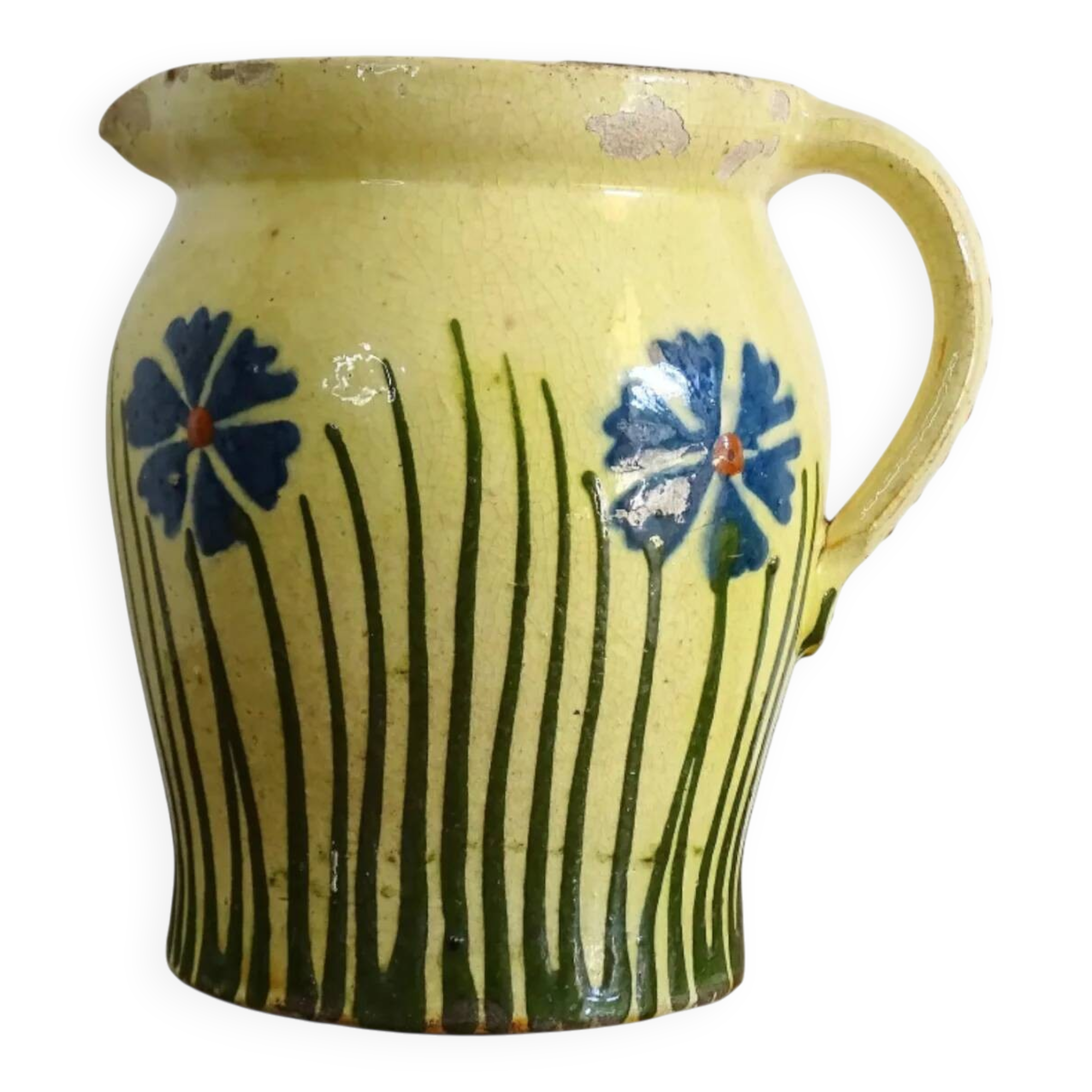 Pichet ancien en faïence française orné de fleurs peintes à la main