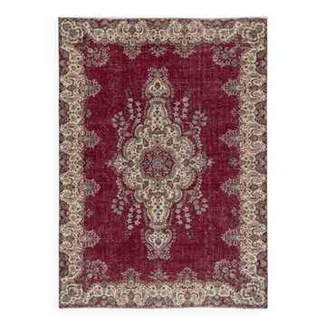 One-of-a-kind Vintage Turkish Red Area Rug. Hand-knotted Wool Carpet with Medallion Design