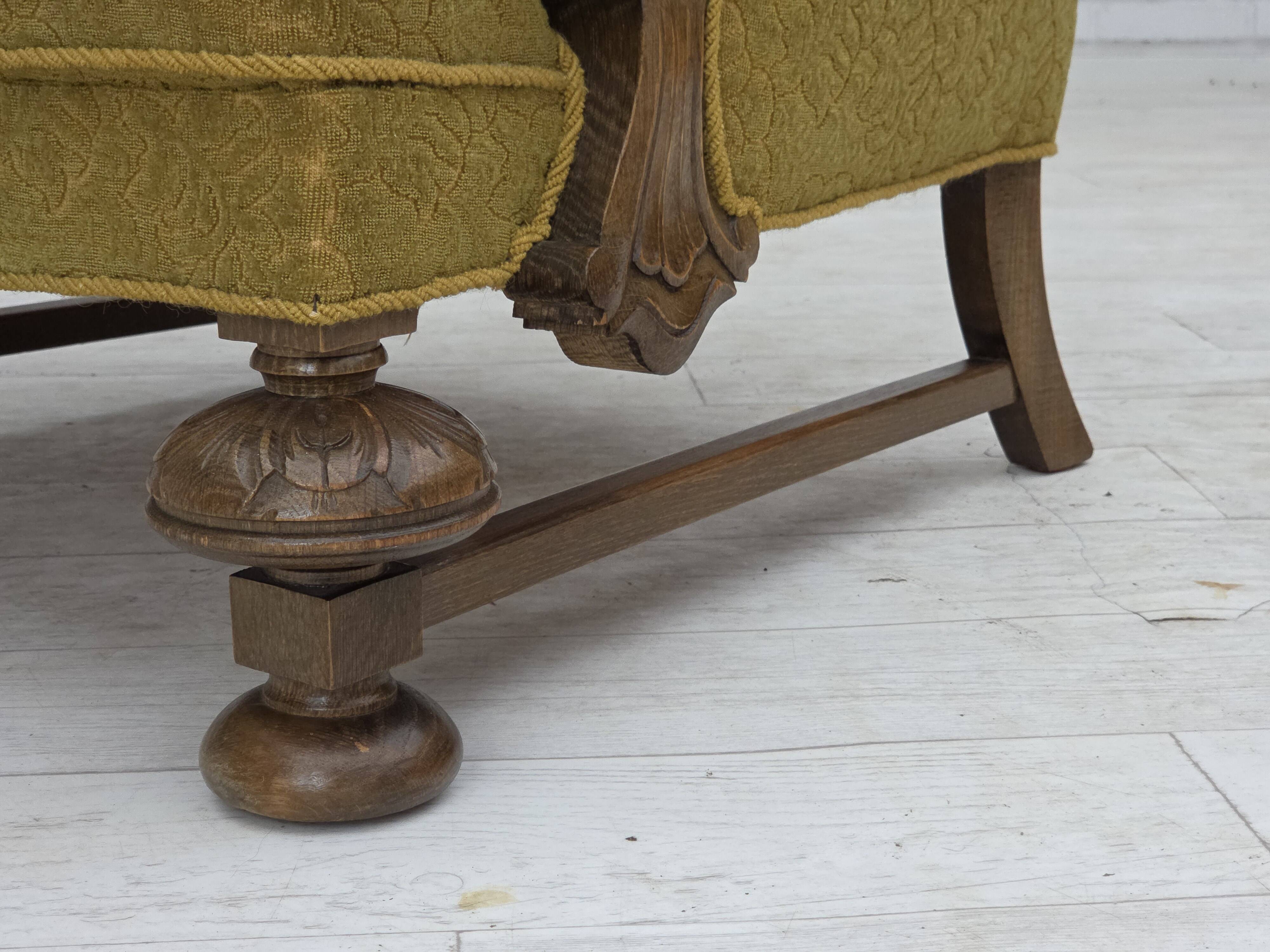 1960s, Danish armchair, furniture cotton/wool fabric, solid oak wood.