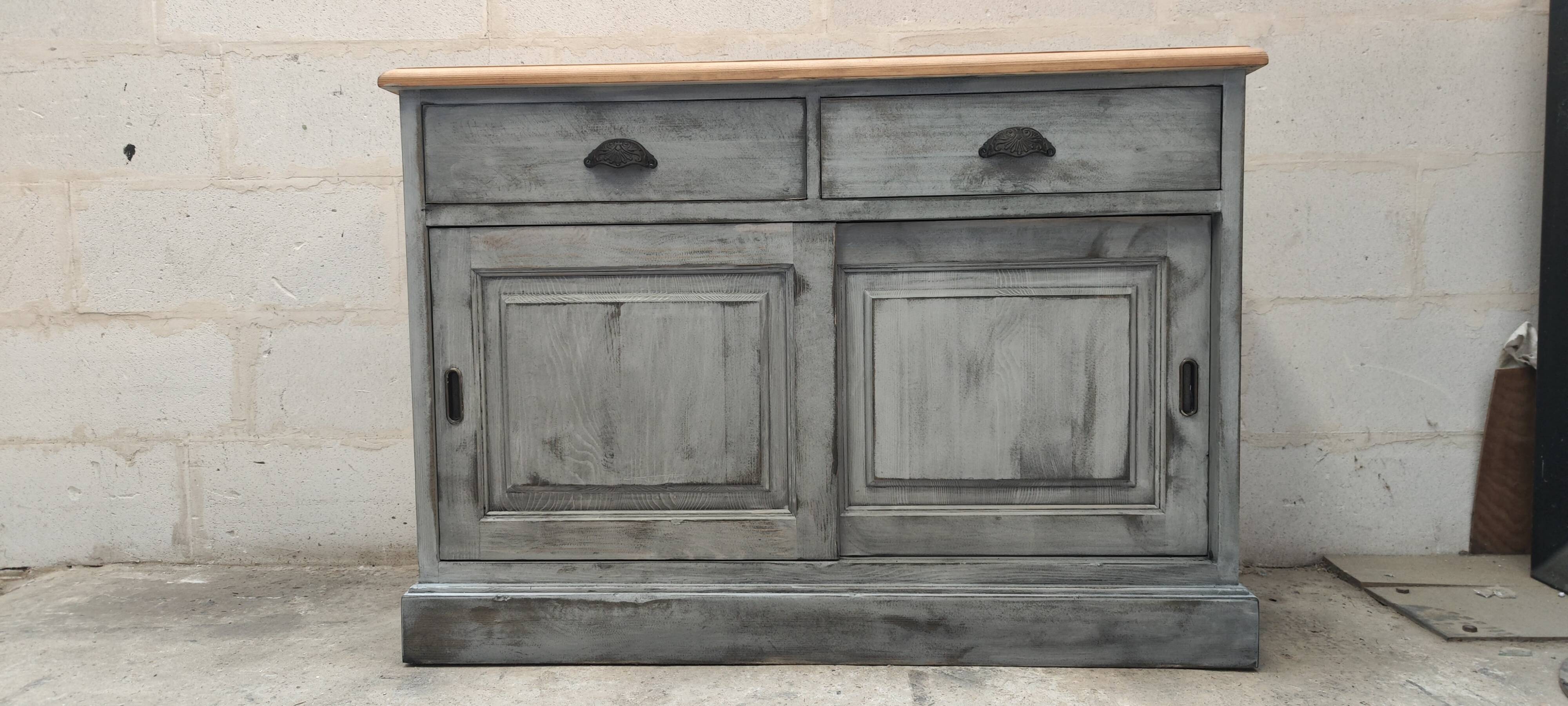 Gray patina furniture with two sliding doors and two drawers