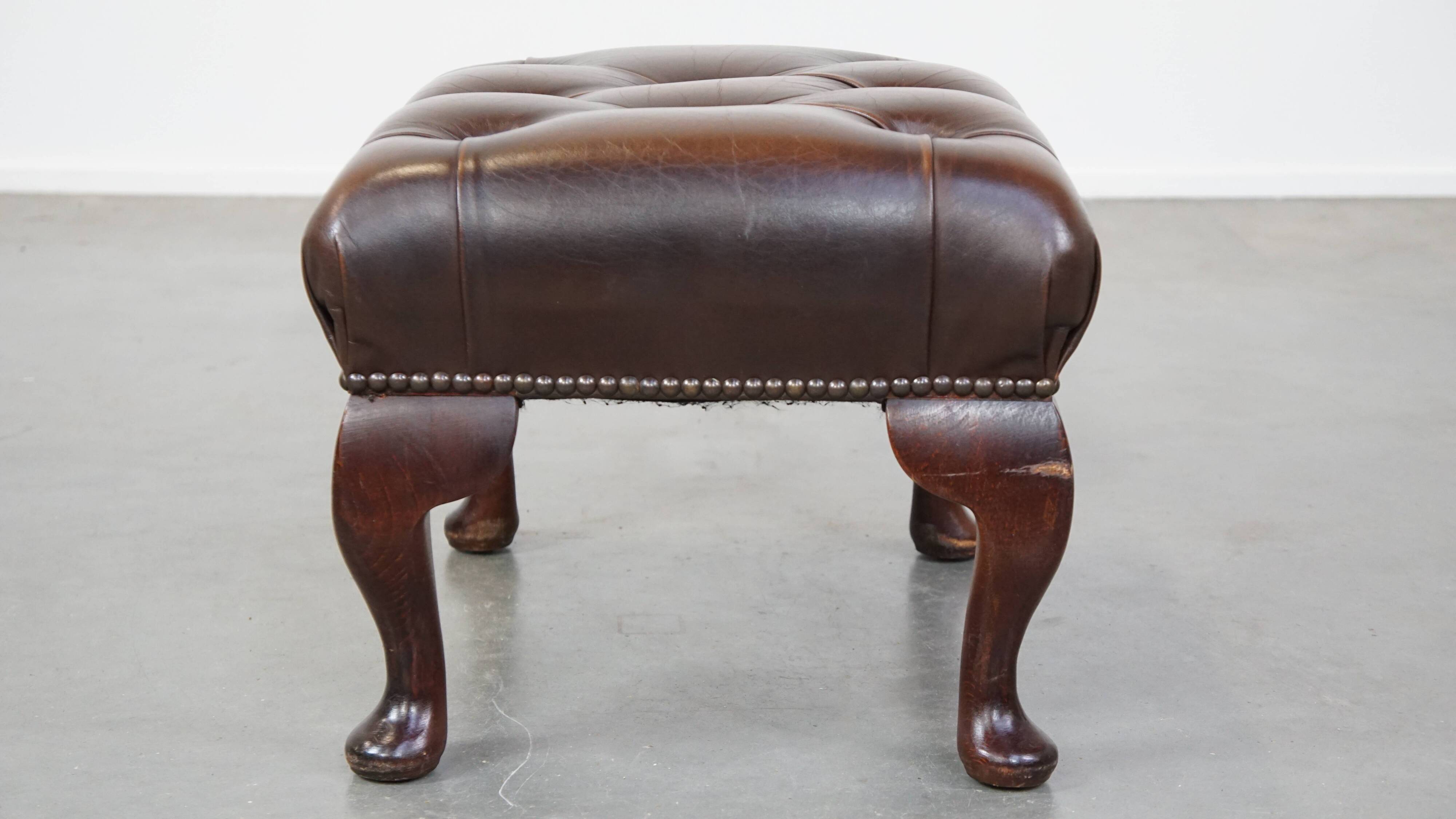 Dark brown cowhide leather Chesterfield ottoman