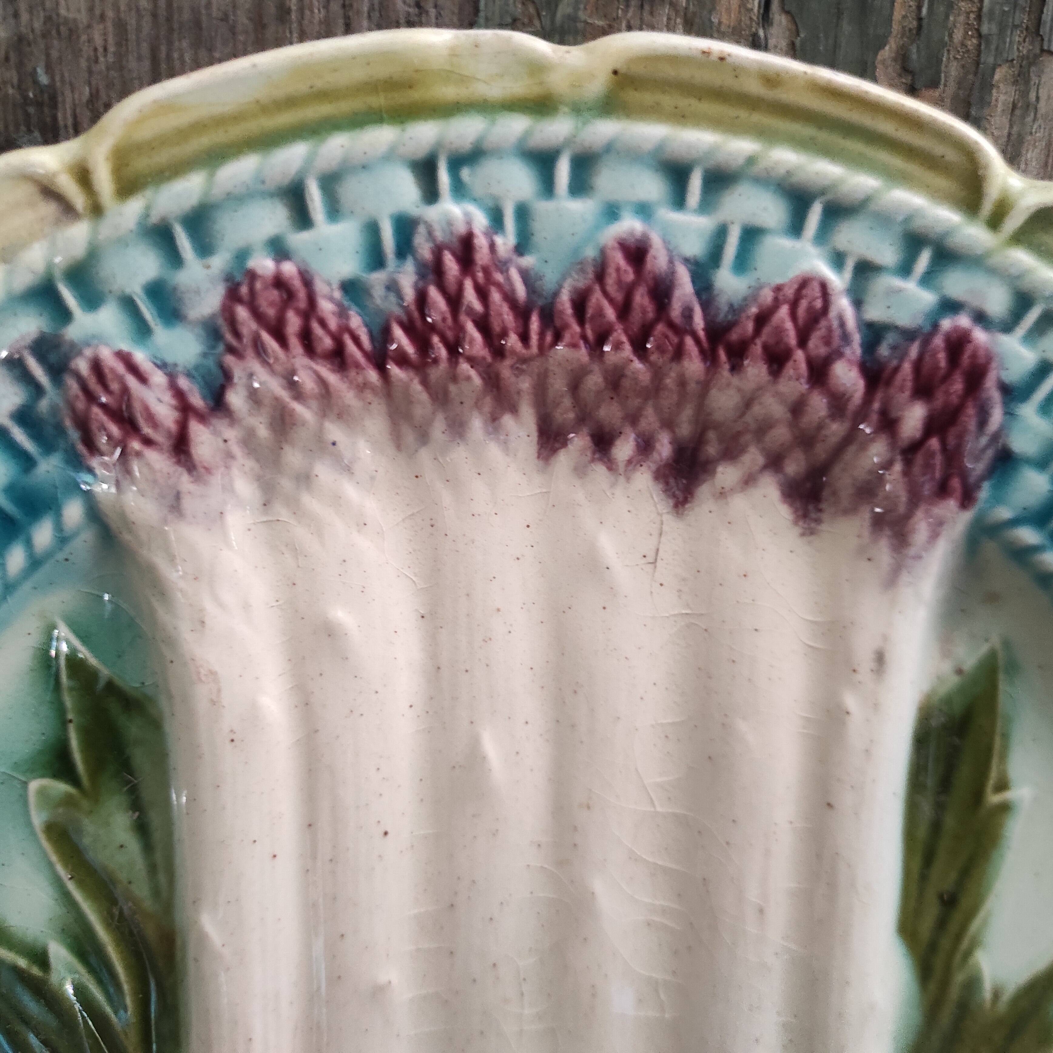 French antique asparagus dish, majolica, barbotine