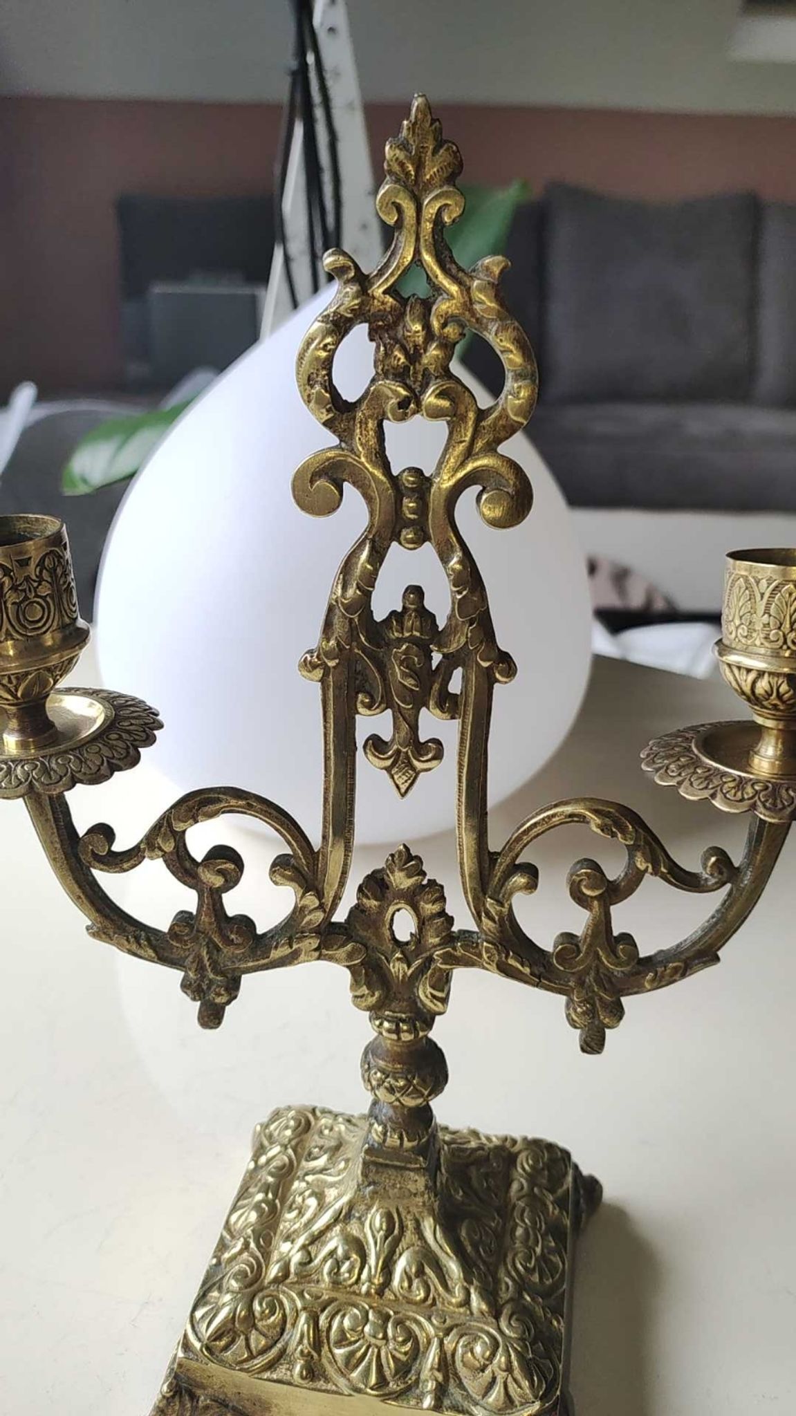 Altar candlestick with 2 branches, napoleon iii style, bronze patina old gold