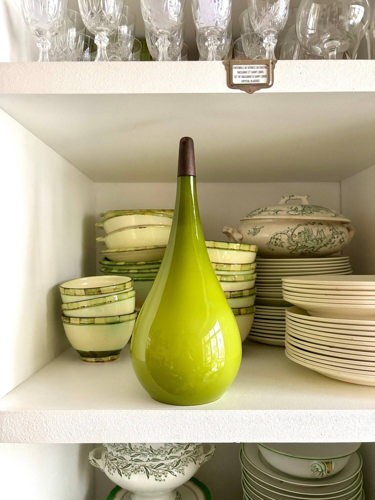 Scandinavian pendant light in green opaline and teak