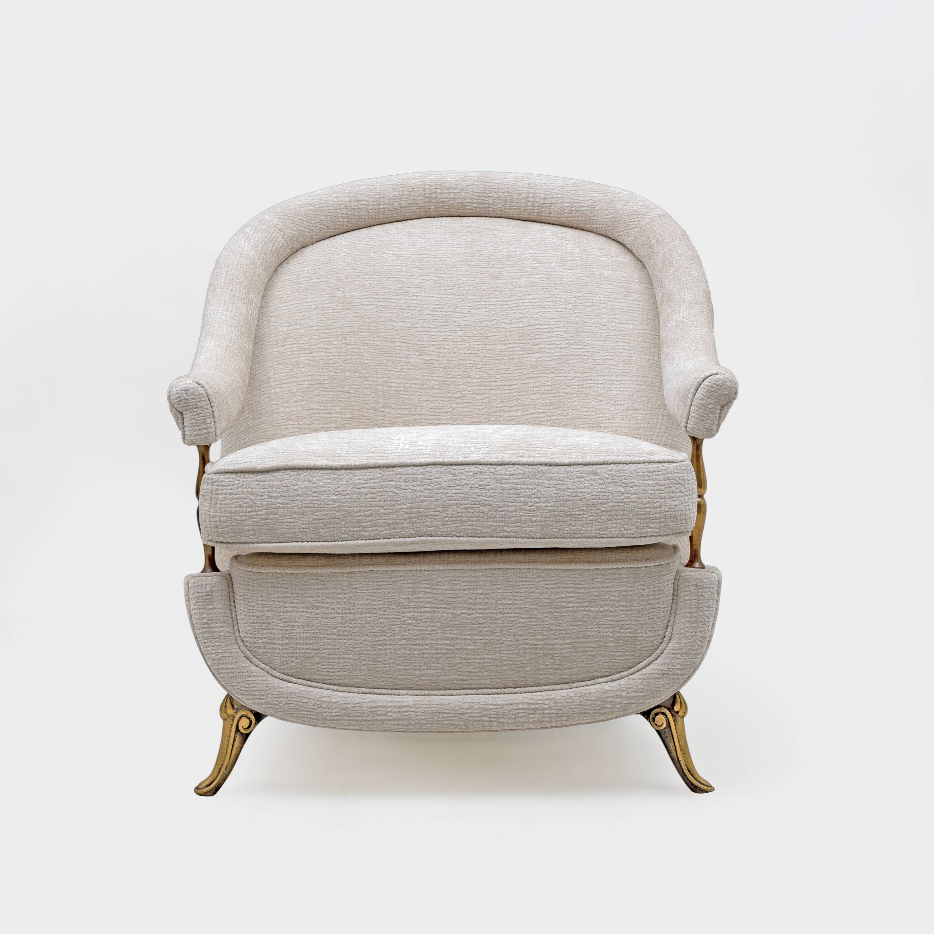 Pair of French Mid-Century Armchairs in Art Deco Style with Brass Details