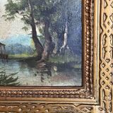 Barbizon School 19th century - Oil on panel - Washerwoman mill landscape - 1870