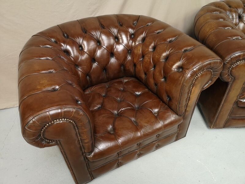 Pair of Chesterfield brown leather armchairs