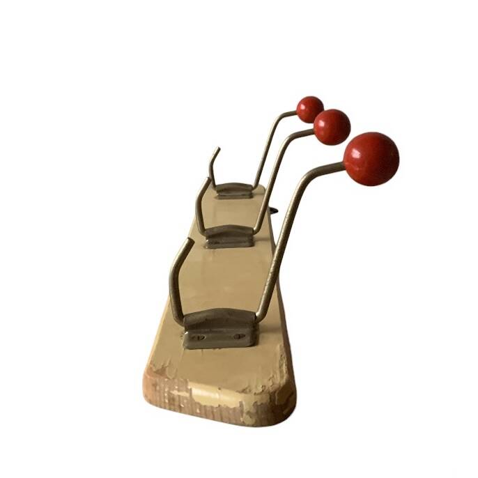 Vintage wooden wall coat rack - triple coat hook with red balls