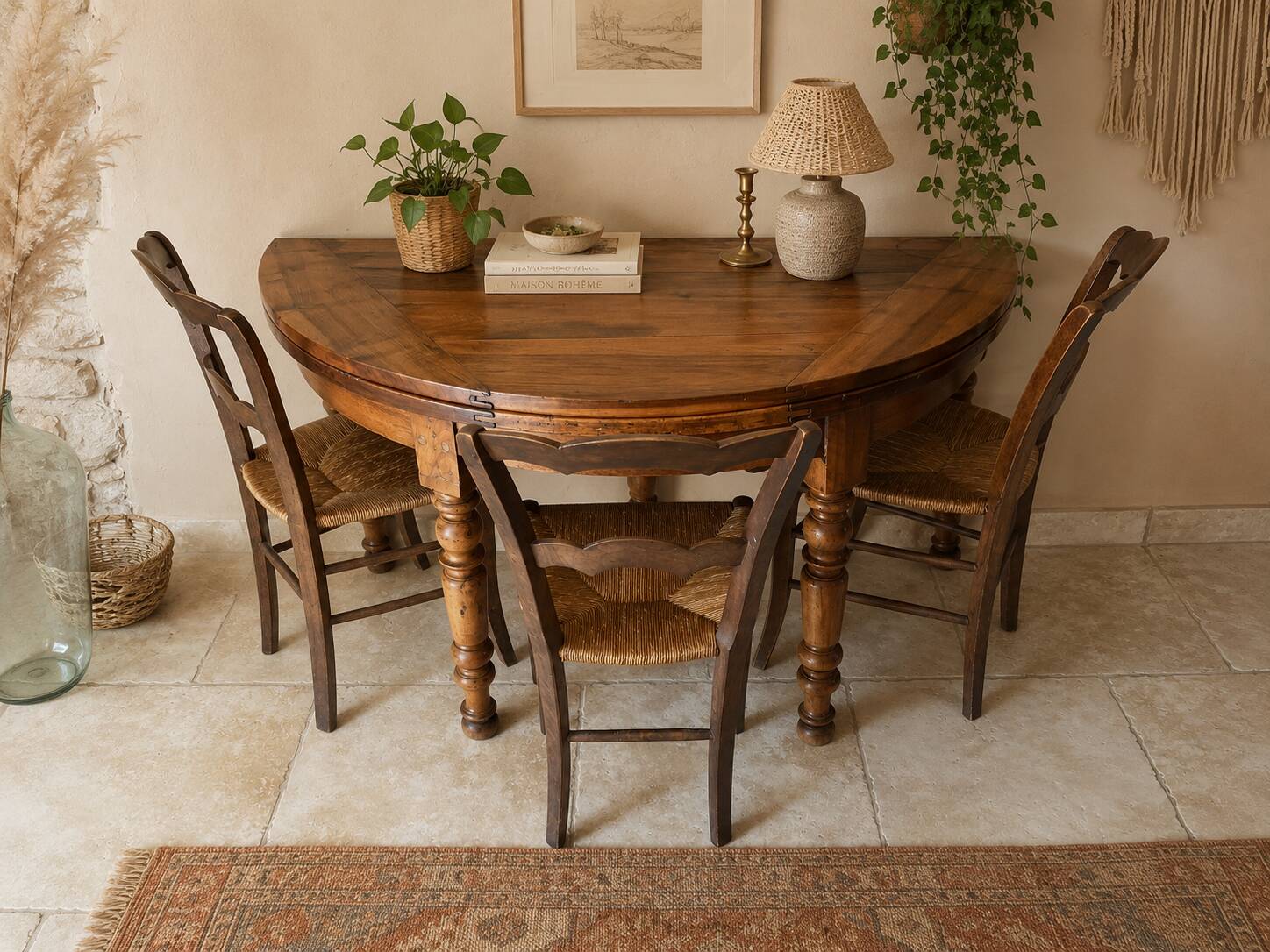 Louis-Philippe XIXth century demi-lune console table in solid walnut – seats 6 people.