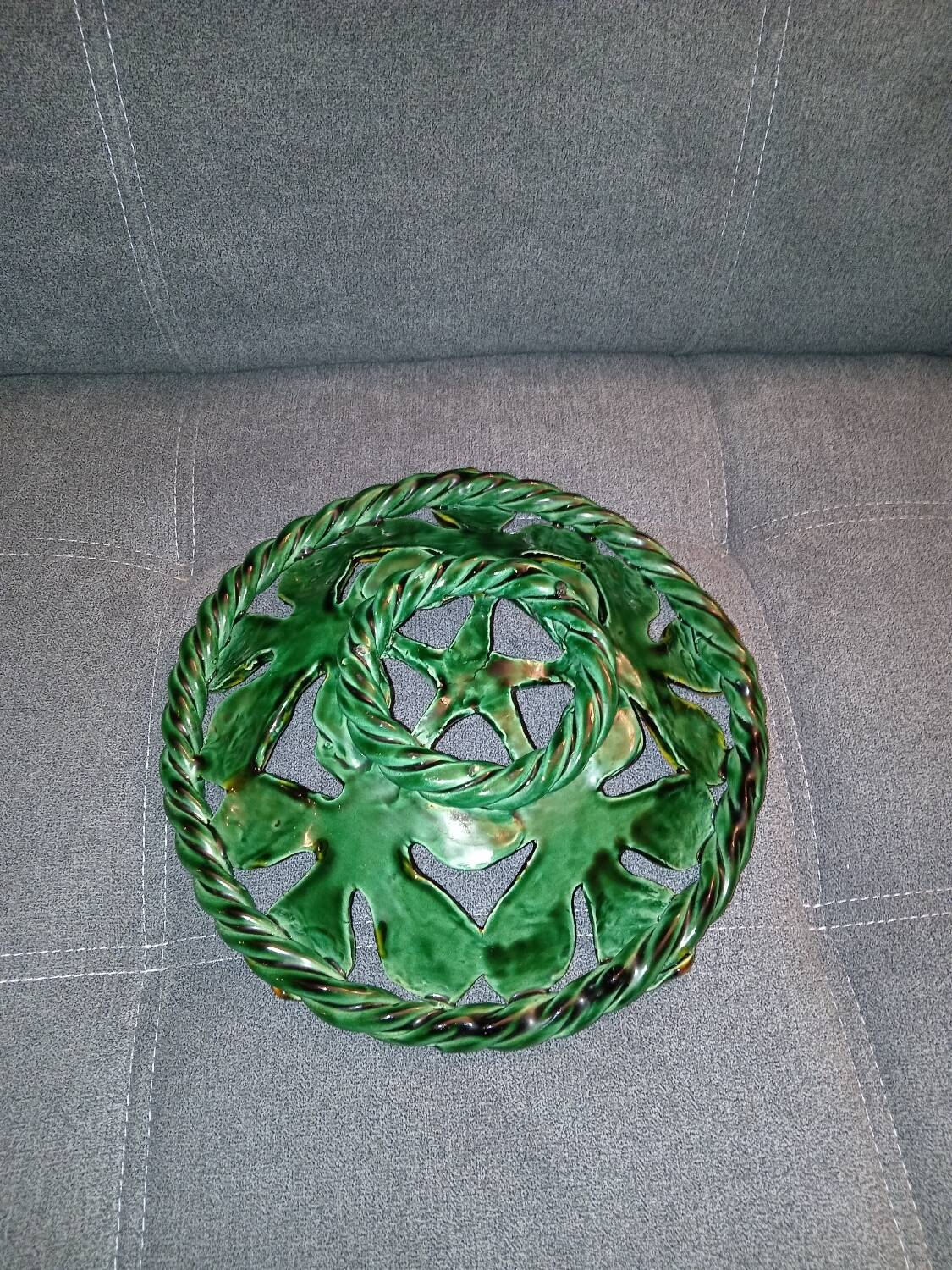 Vintage basket made of woven and glazed ceramic