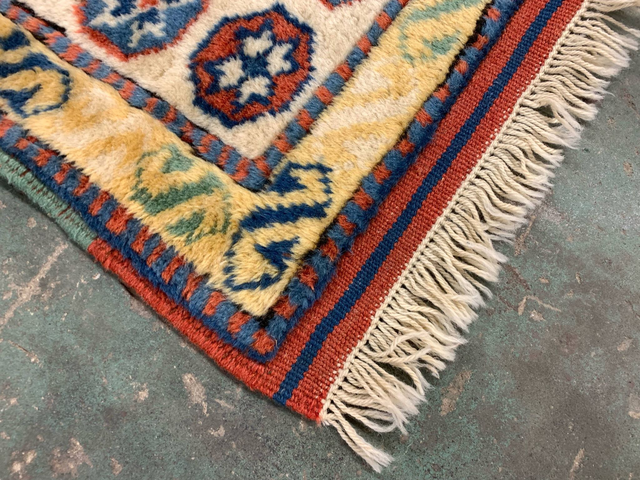 Old Turkish Kazak Rug Oriental 123x95 cm vintage tribal carpet, Red and Blue
