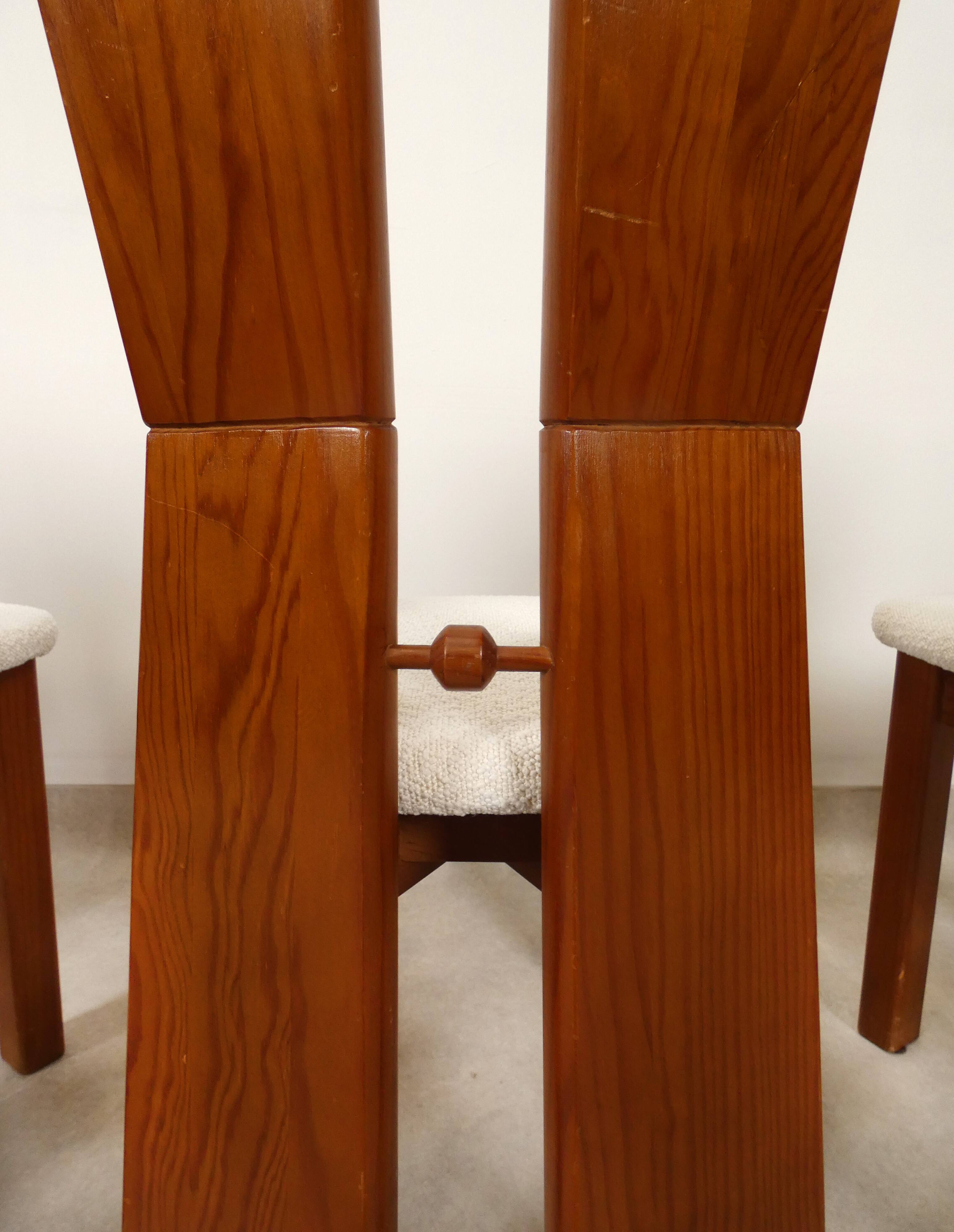 70's brutalist dining chairs in oak with bouclé fabric