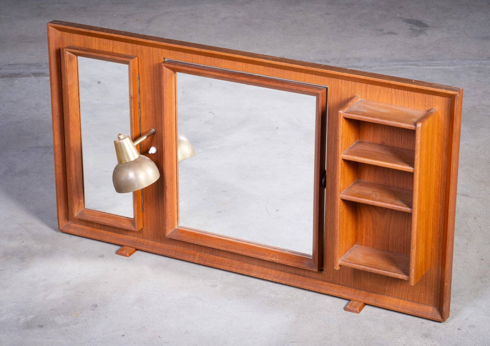 Vintage Free-Standing Teak Mirror with Lamp, 1960s